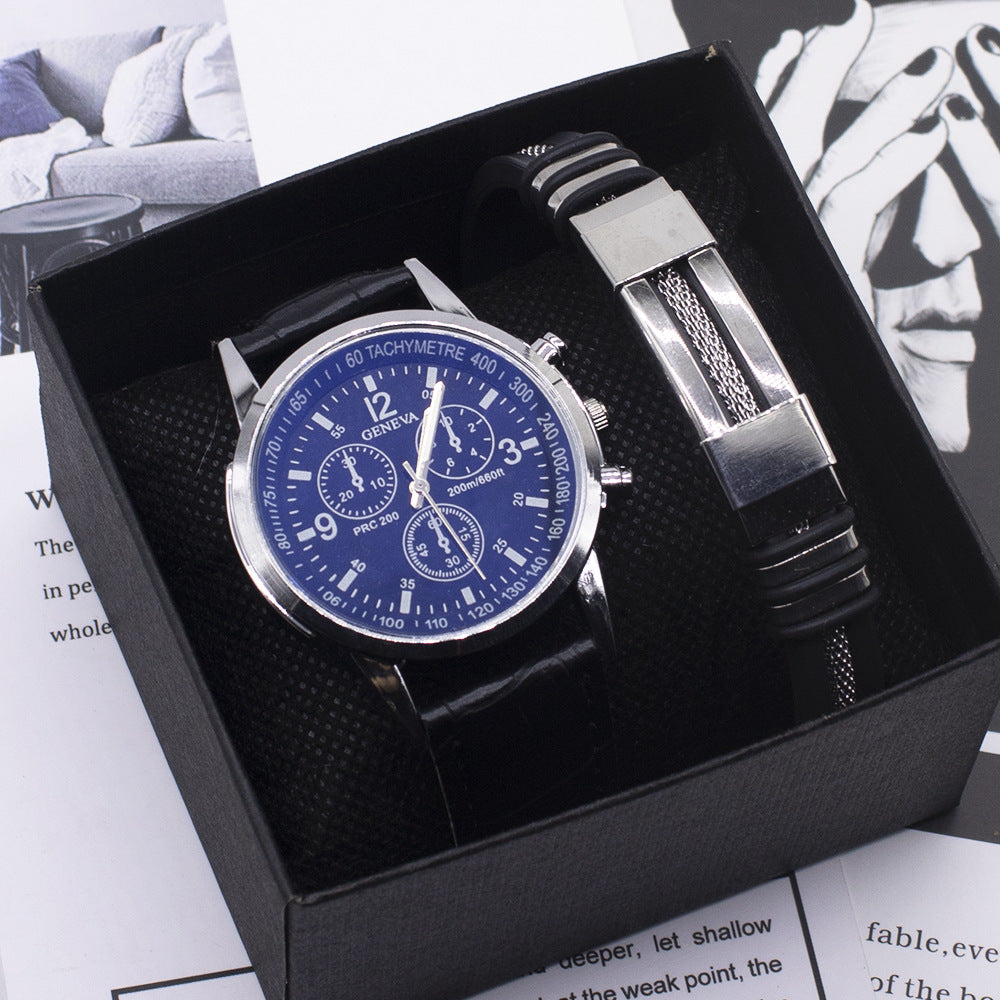 Men's dress watch black dial black belt blue glass chronograph style stainless steel buckle.
