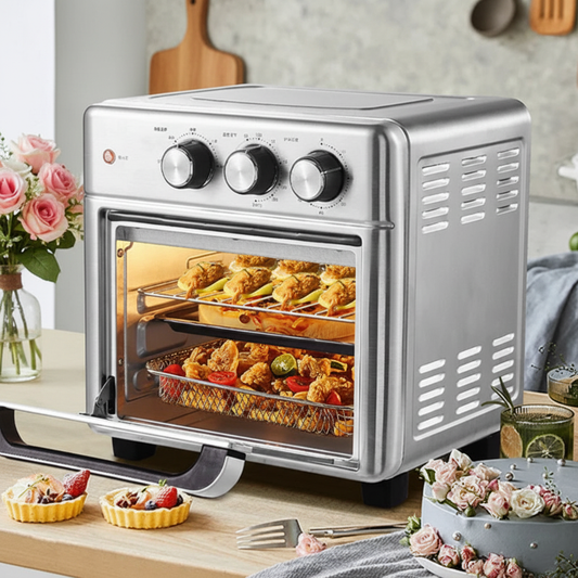 BALASHOV Smart Air Fryer Oven 26L stainless steel with visible window on kitchen countertop.

