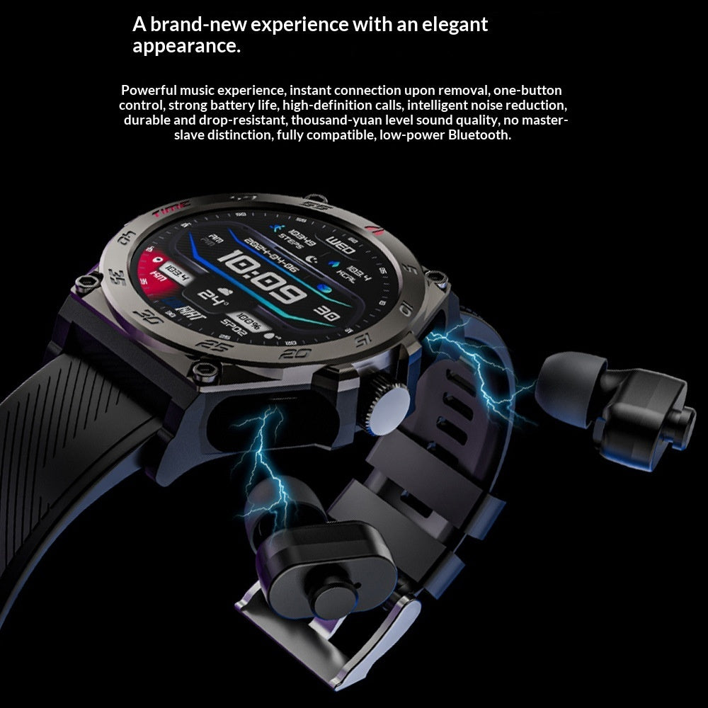 Smartwatch with integrated wireless earbuds – dark tactical design.
