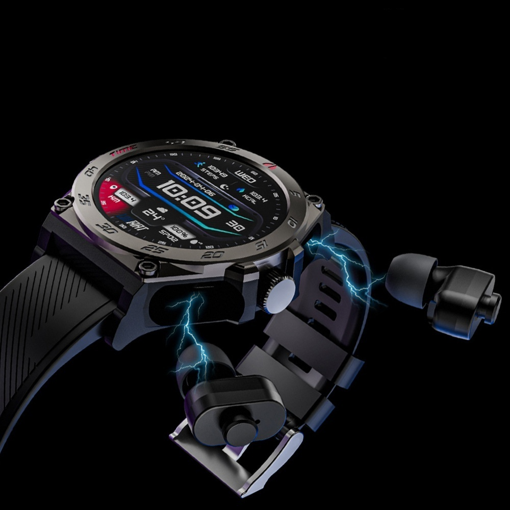 Side angle view of smartwatch with TWS earbuds integrated into the band.
