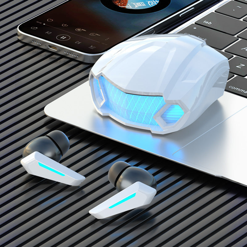 White wireless gaming earphones charging case LED display compact design Bluetooth.