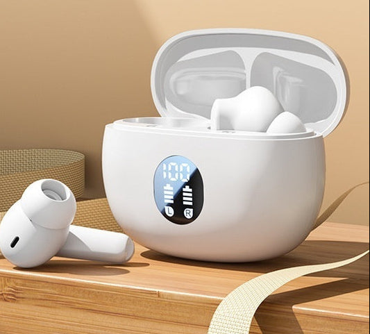 Elegant white high-end wireless earbuds ACS technology charging case.