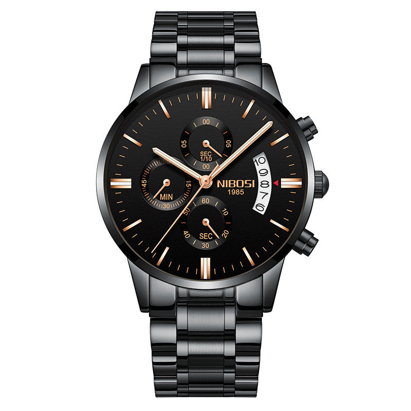 NIBOSI 1985 men's quartz watch stainless steel 43mm premium design.