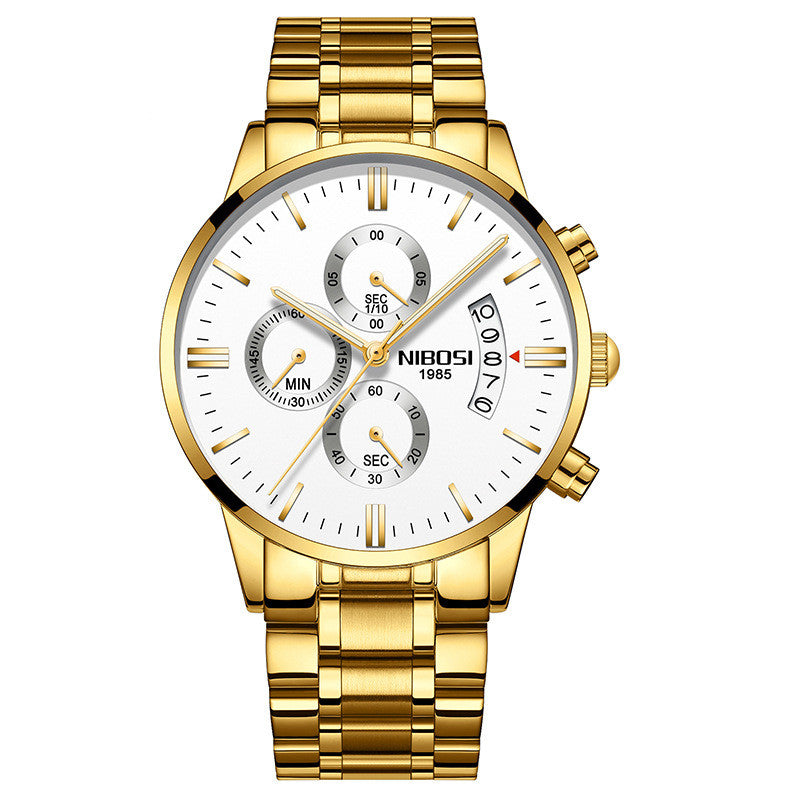 NIBOSI 1985 men's quartz watch stainless steel 43mm premium design.