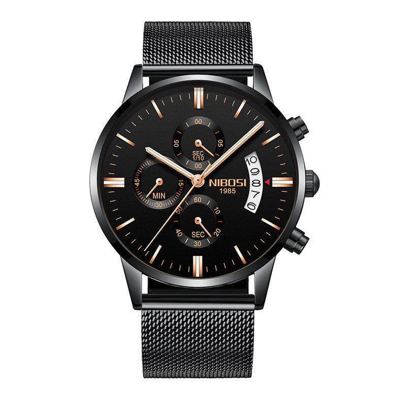 NIBOSI 1985 men's quartz watch stainless steel 43mm premium design.