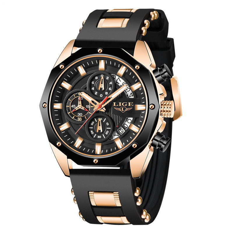 LIGE LG8908 silver black chronograph quartz watch luminous waterproof 30M silicone strap date.
