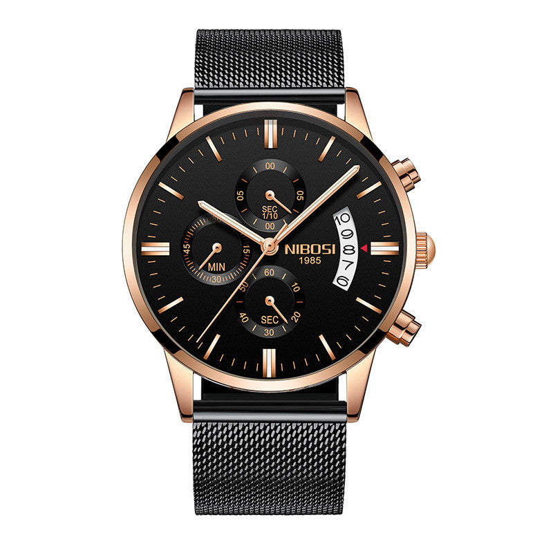 NIBOSI 1985 men's quartz watch stainless steel 43mm premium design.