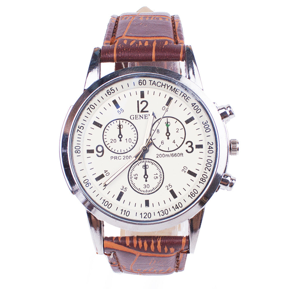 Men's dress watch white dial brown leather strap blue glass quartz movement elegant gift.

