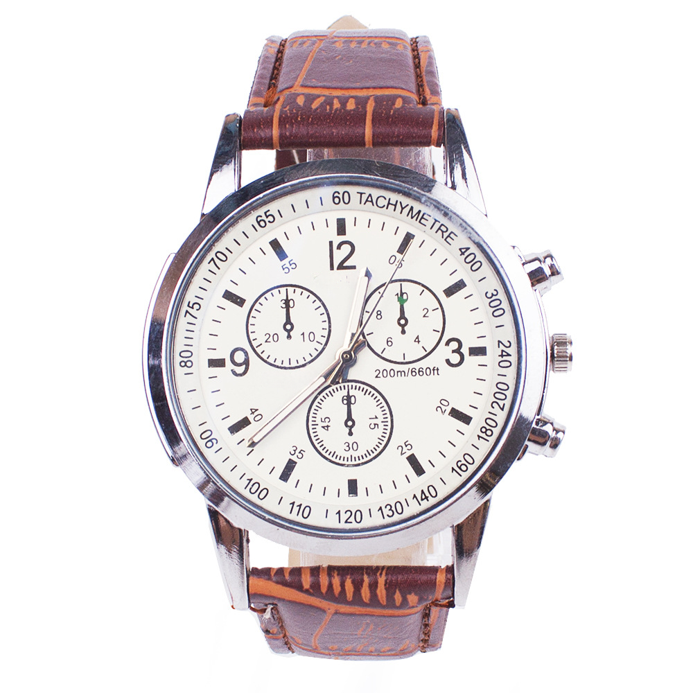 Men's quartz watch white dial brown leather strap chronograph style.

