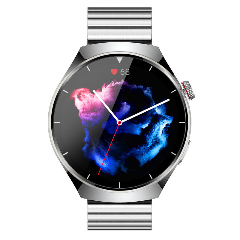 Premium round dial smartwatch silver steel bracelet blood pressure monitor gift for him her.
