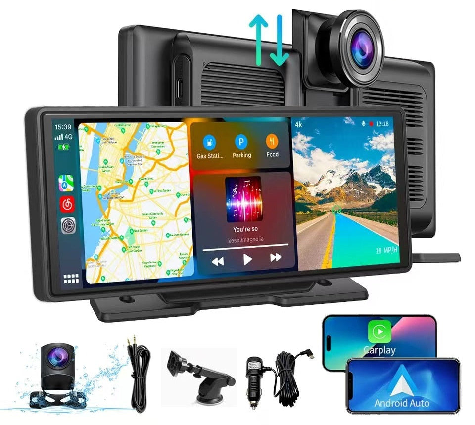 Portable 10.26 inch car display with wireless Android Auto, dual dash recording and backup camera input, no installation needed.