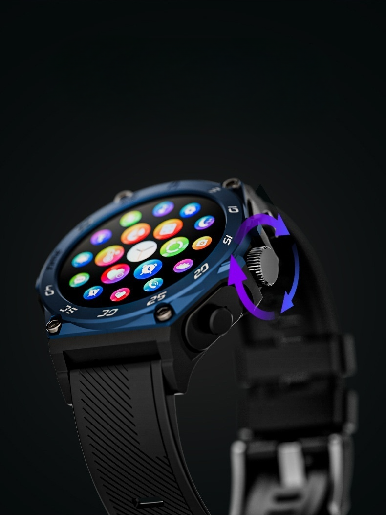 2-in-1 smartwatch displayed against mountain landscape – outdoor rugged design.
