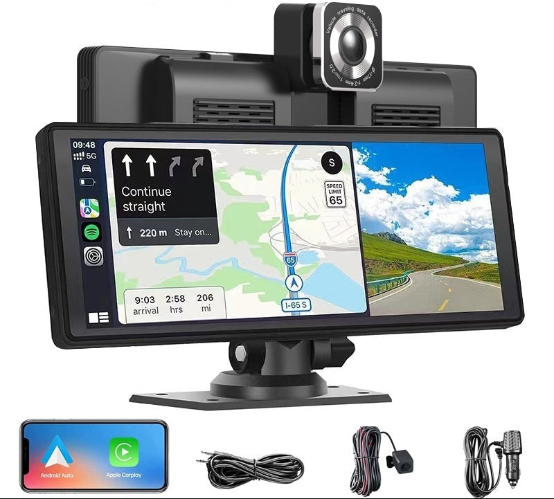Plug and play wireless CarPlay screen for any car with 1024x600 IPS display, FM transmitter and Bluetooth 5.0.