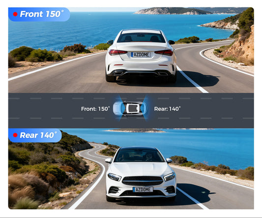 AZDOME M550 Pro front 4K rear 2.5K dual dash cam recording highway footage.


