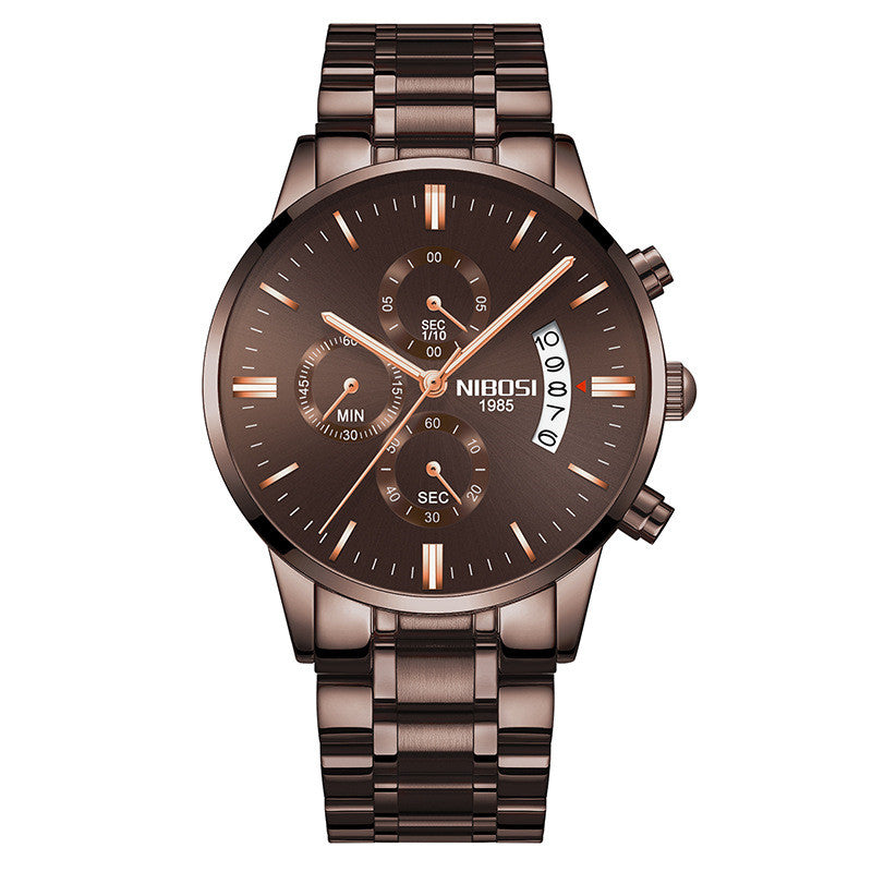 NIBOSI 1985 men's watch brown dial stainless steel bracelet.

