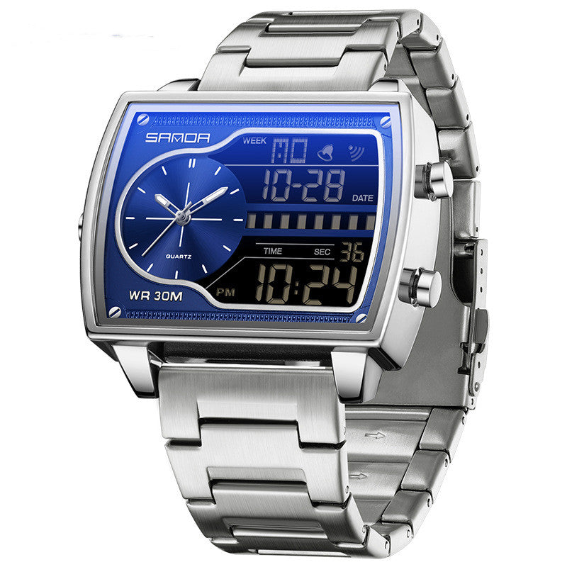 SANDA mens watch steel belt silver blue quartz luxury gift for men.
