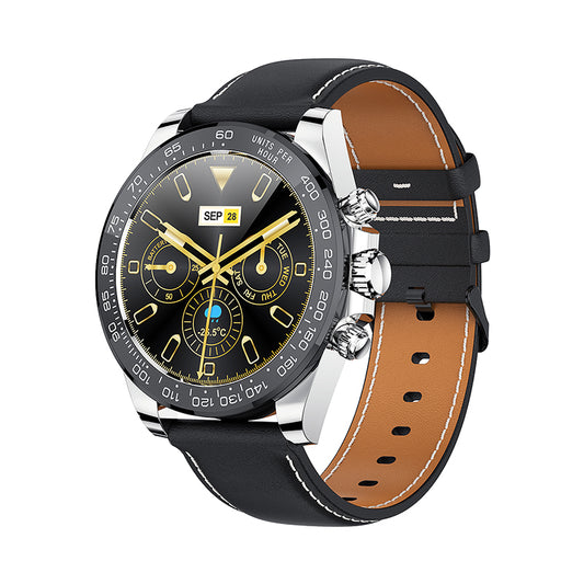 AW13 smart watch men IP68 waterproof black leather strap stainless steel.
