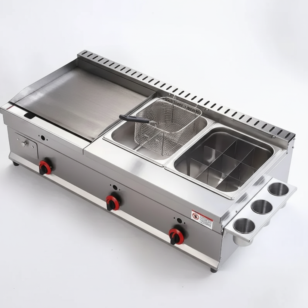 Professional commercial gas griddle and fryer combo stainless steel flat top grill 55cm.

