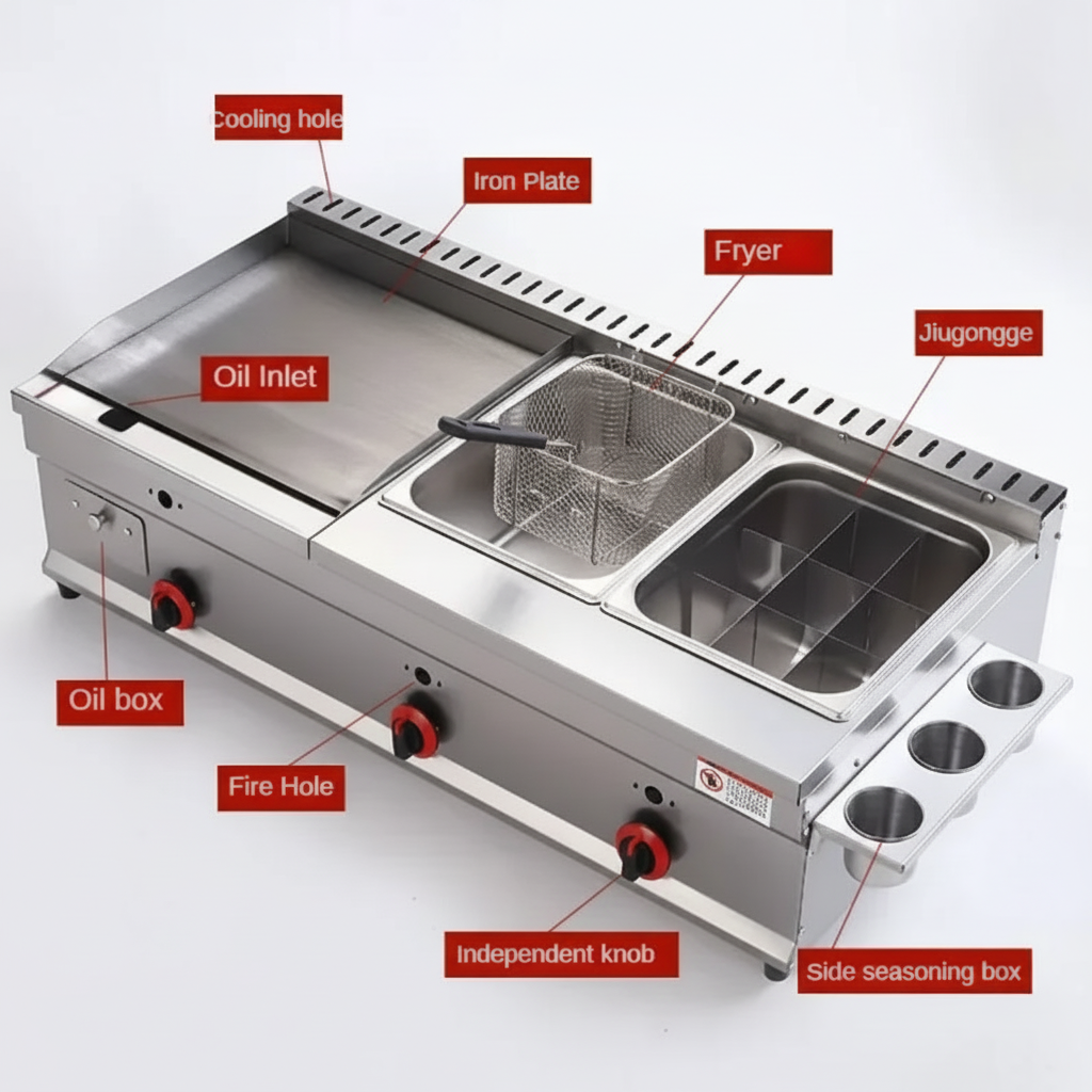 Commercial gas griddle fryer combo with iron plate deep fryer and bain-marie 73cm.


