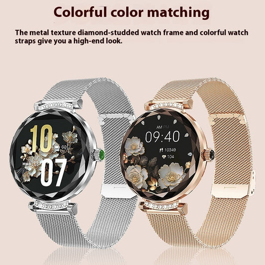 NX7Pro Smart Watch Women – Colorful Metal Mesh Strap Gold Silver AMOLED Display.

