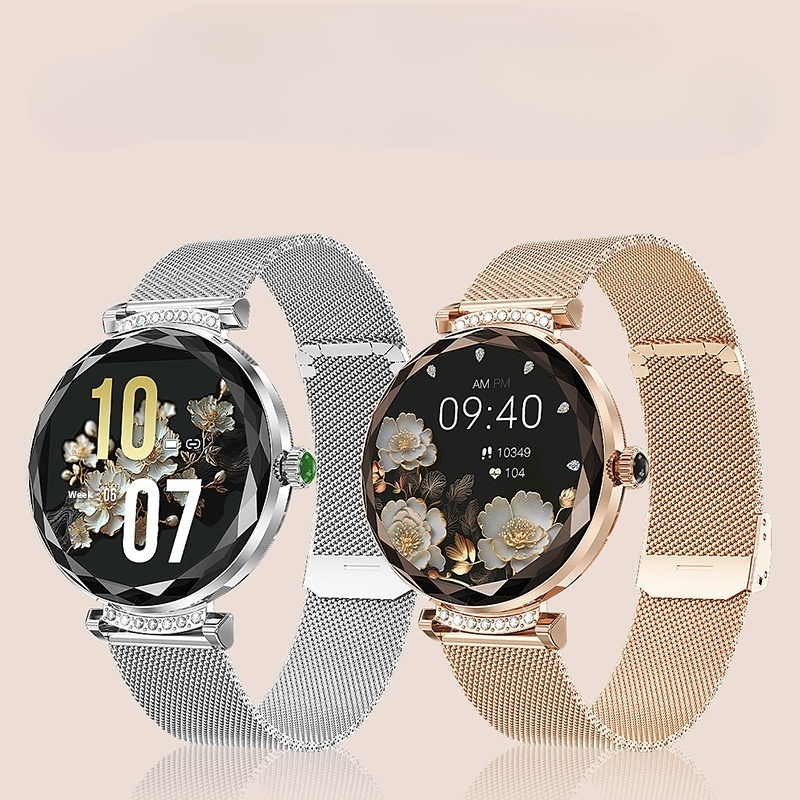 NX7Pro bronze and silver women's smartwatch pair showing dual display.
