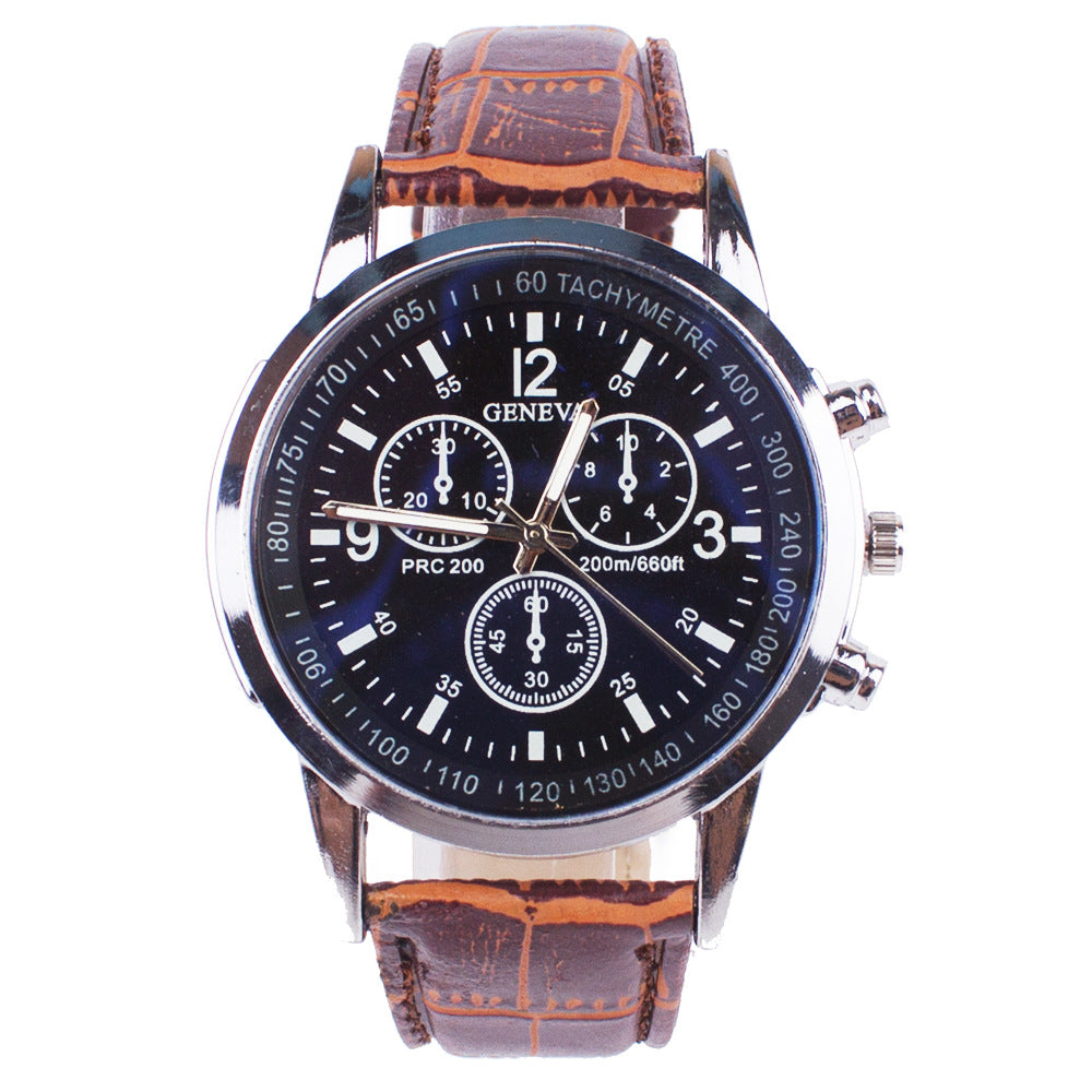 Men's fashion watch black dial brown leather strap blue glass quartz 40mm slim 6mm.
