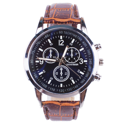 Men's quartz watch blue dial brown leather strap chronograph style close up.
