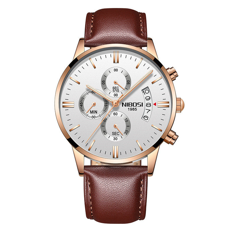 NIBOSI 1985 men's quartz watch stainless steel 43mm premium design.