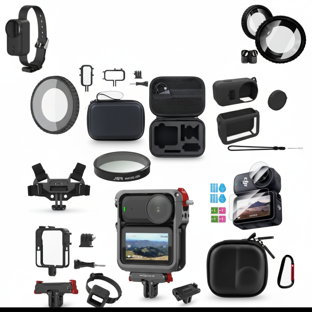DJI Osmo Action Nano accessories kit — metal cage, storage bag and protective case.
