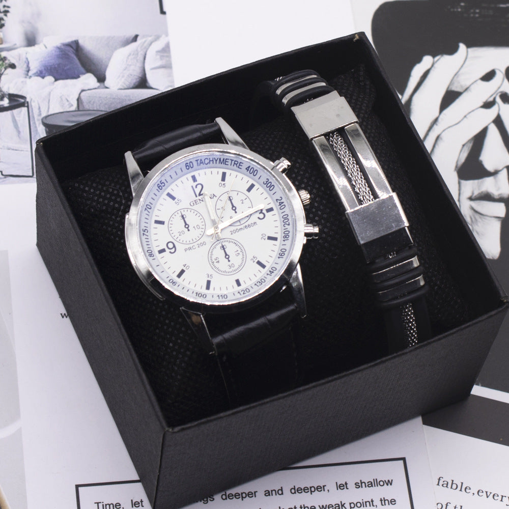 Men's quartz watch white dial black leather strap blue glass 40mm round dial bracelet.
