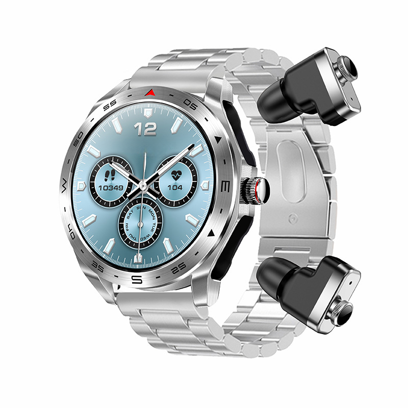 T95 2-in-1 smartwatch silver case steel bracelet TWS earbuds Bluetooth health watch.
