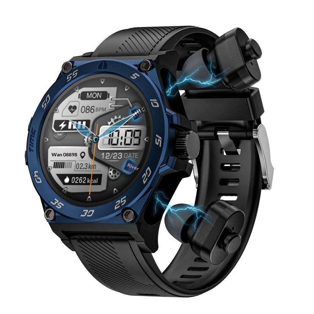 2-in-1 smartwatch with TWS earbuds and Bluetooth calling – Black edition.
