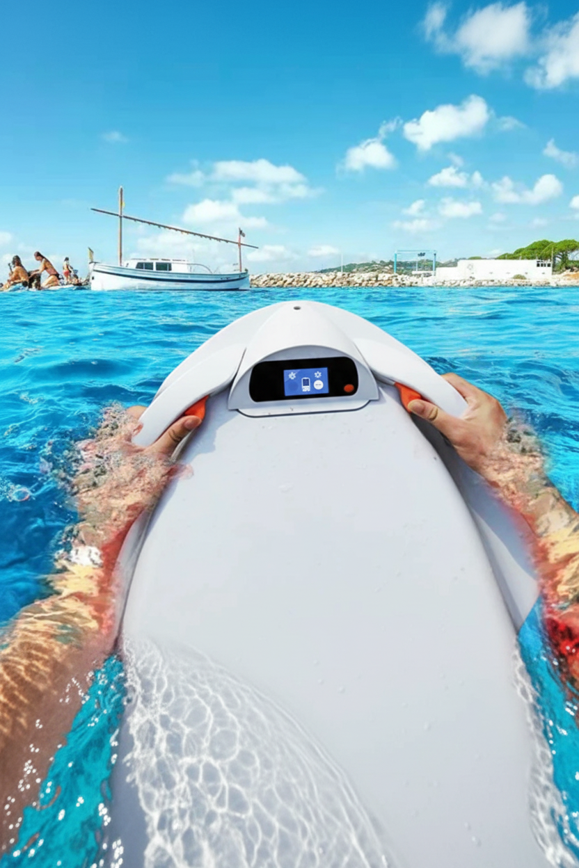 Electric surfboard F2 sea scooter – first person view on turquoise water.
