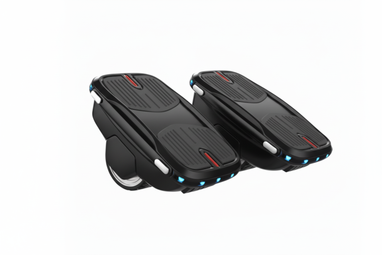 Black self-balancing electric skateboard shoes with red stripe and wheel detail.
