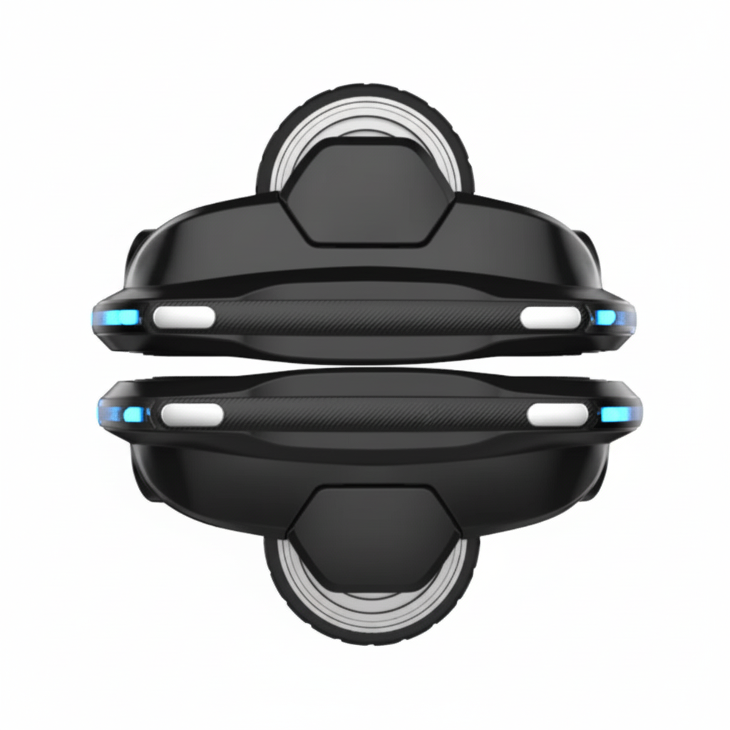 Self-balancing electric roller skate shoes bird's eye view – blue LED accents.

