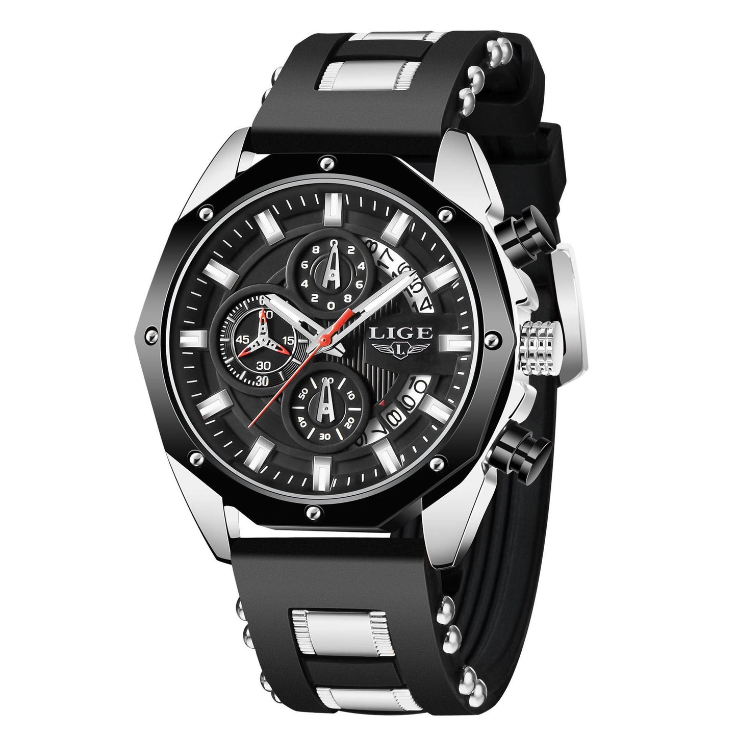 LIGE LG8908 men's chronograph watch gift box quartz waterproof luminous sport dress watch.
