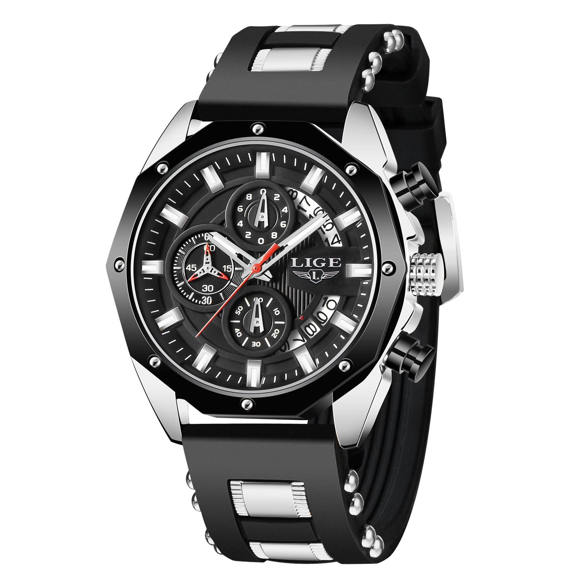 LIGE LG8908 men's chronograph watch gift box quartz waterproof luminous sport dress watch.
