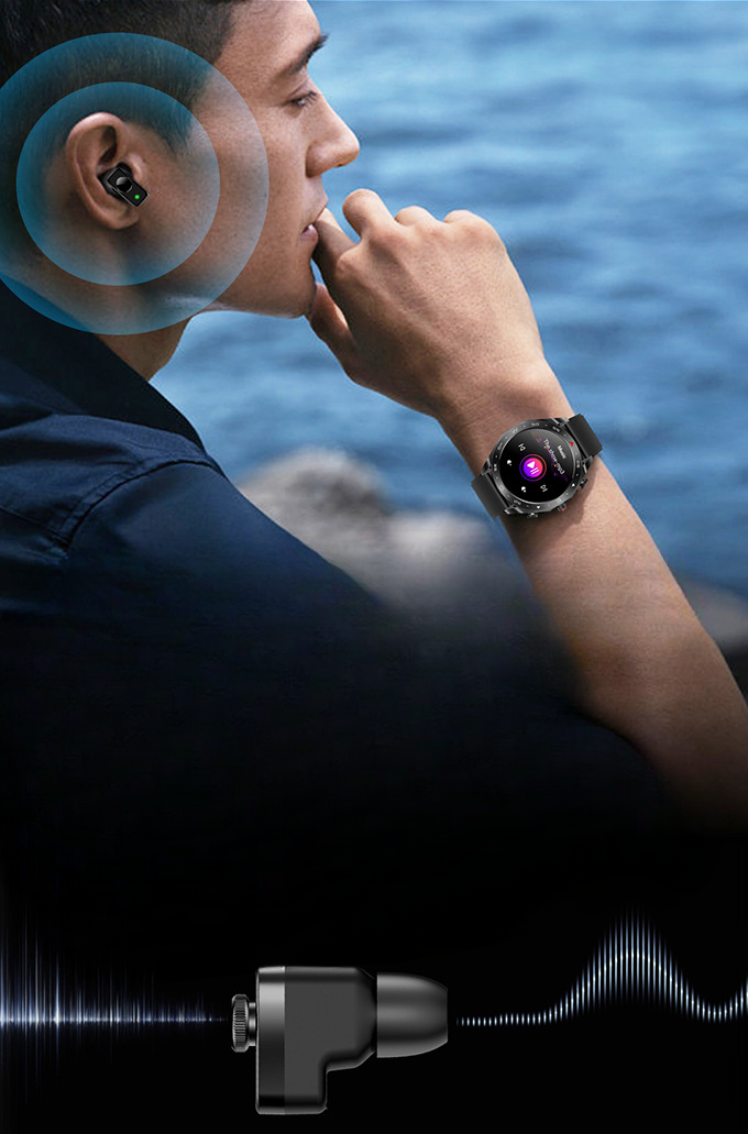 T95 smartwatch worn on wrist man lifestyle Bluetooth calling TWS earbuds 2-in-1 watch.
