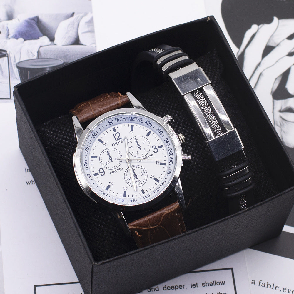 Classic men's watch white dial brown leather strap blue glass quartz movement dress watch.

