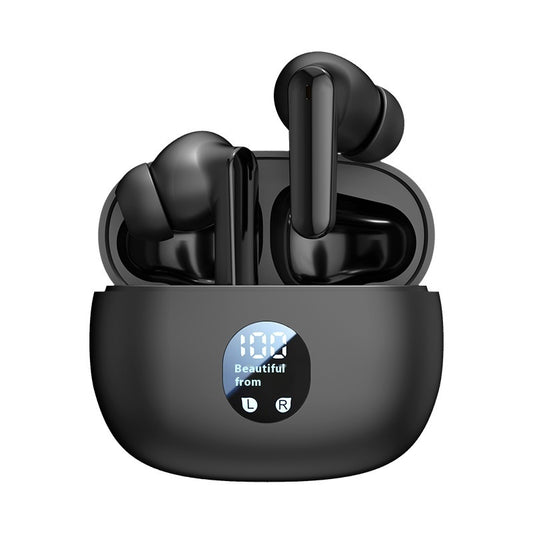 True wireless Bluetooth earbuds black with charging case and LED display.
