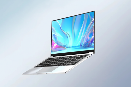 14.1 inch Windows 11 laptop Intel Atom A3950 silver front view.