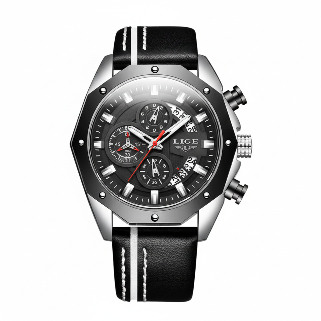 LIGE sport watch silicone strap pin buckle stainless steel case waterproof 30M 12mm thickness.
