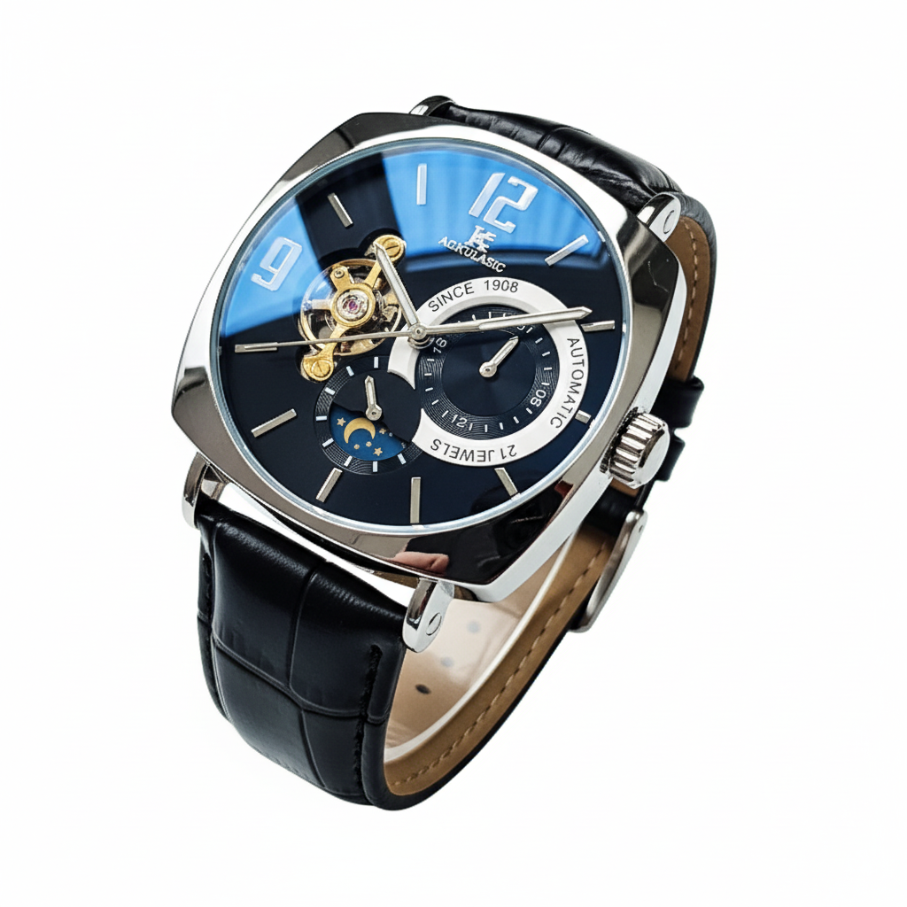 Men's square automatic mechanical watch black dial silver case leather strap.
