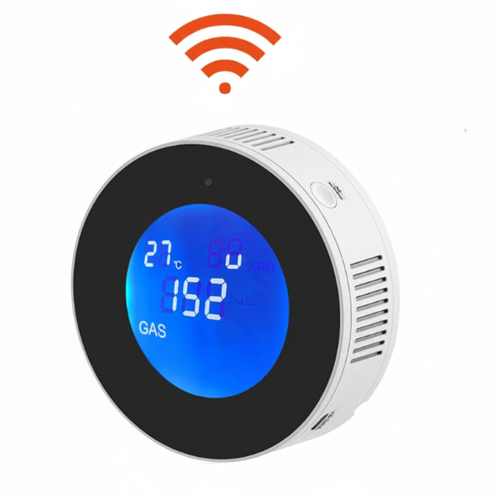 Smart WiFi natural gas detector with LCD display – Tuya app compatible, no brand logo.
