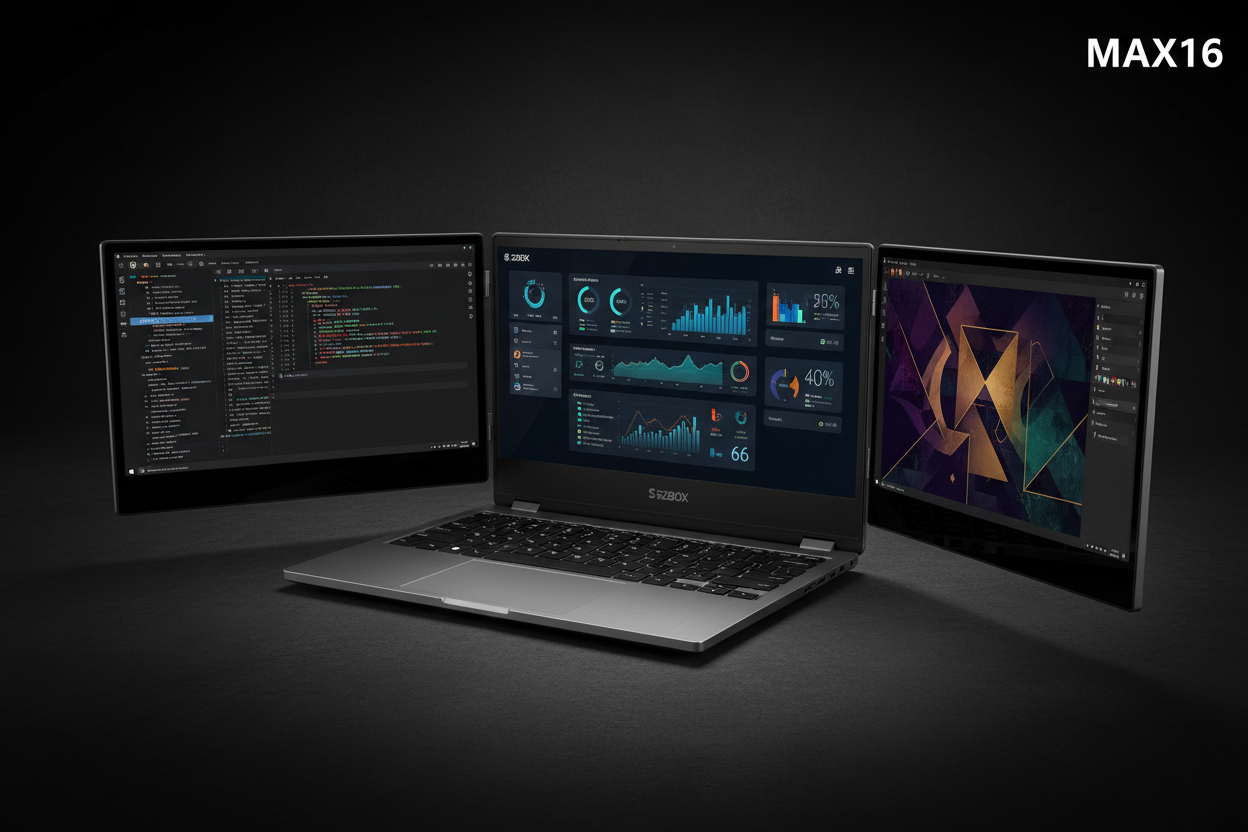Portable triple screen laptop modeling mode with adjustable monitors.