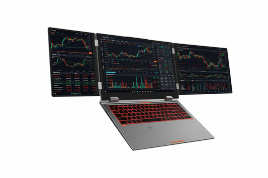 SZBOX MAX16 triple screen laptop with 16 inch main display and dual 10.5 inch side screens.
