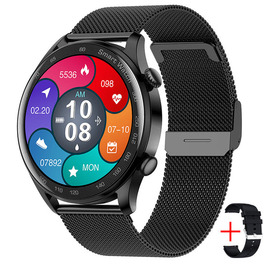 Smart watch with rotary encoder crown and amoled display on wrist.