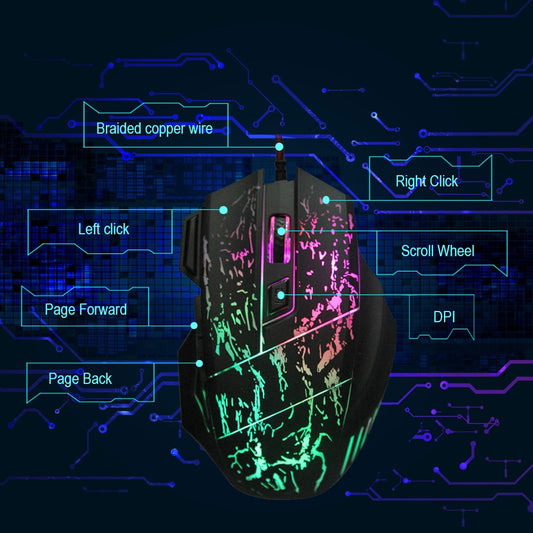 
Professional wired optical gaming mouse with transparent design and RGB lighting.
