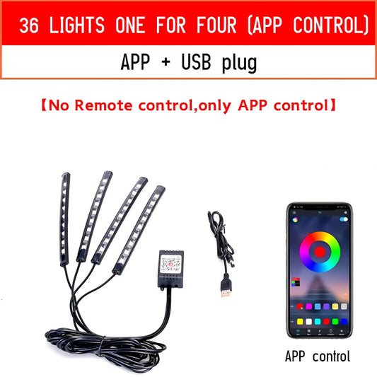 Car interior ambient lighting with music control and app remote.
