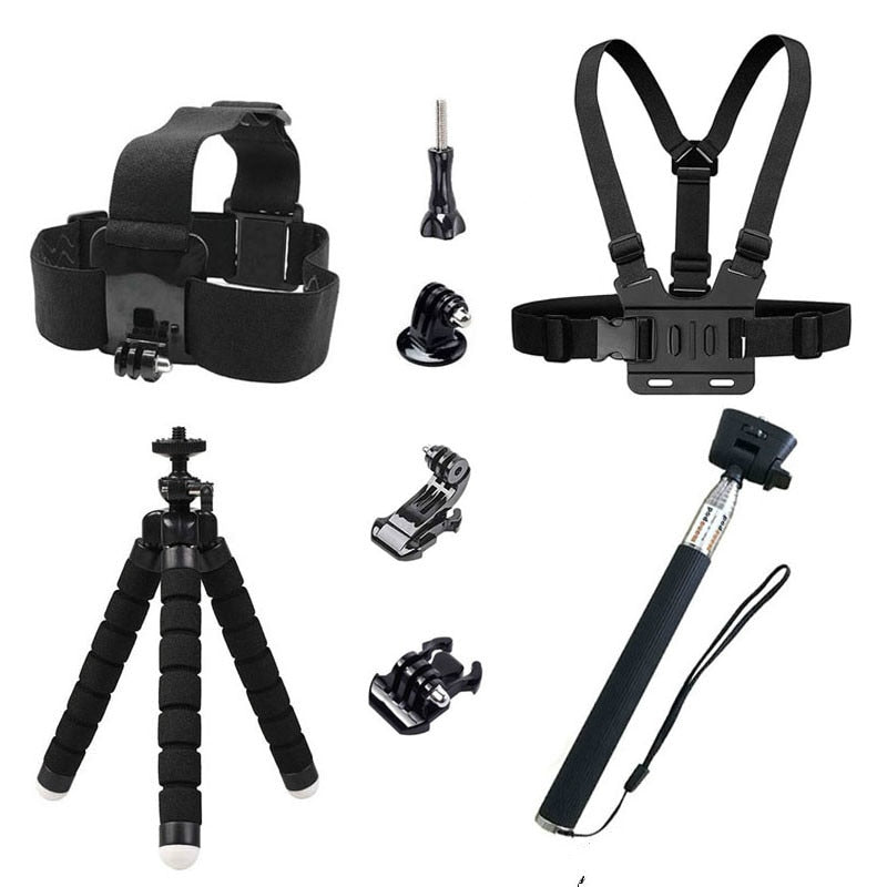
GoPro accessories kit with selfie stick tripod and mounts

